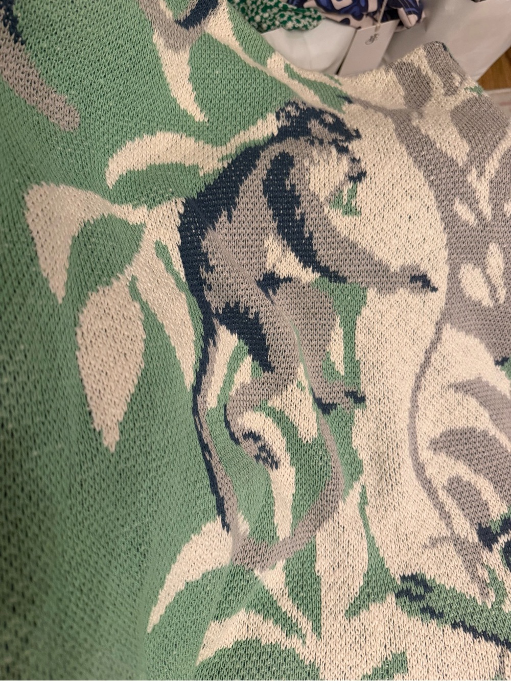 Anthro NWT Decorative Green and White Knit Throw with Blue Accent - Home Accents